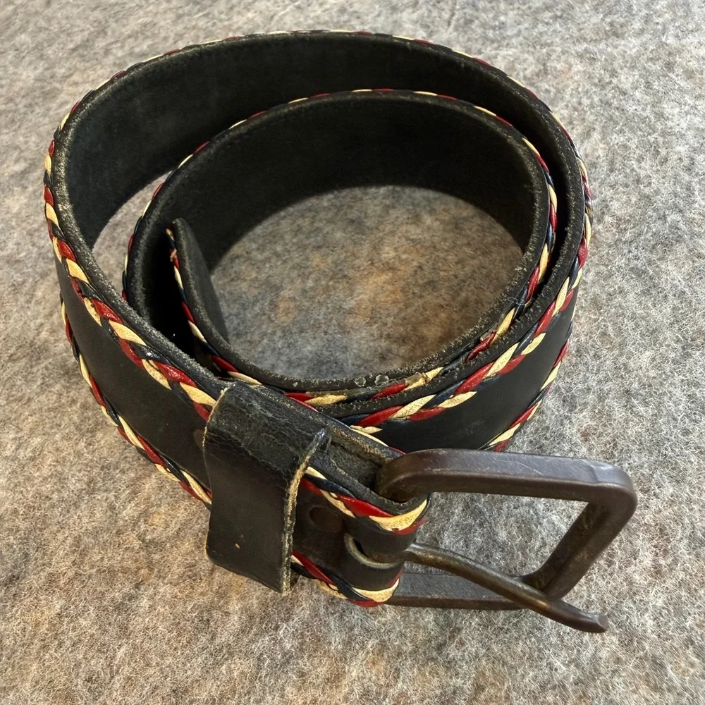 Leather Belt Women 38 Cowhide Leather Black Red White Blue Braided Trim Western